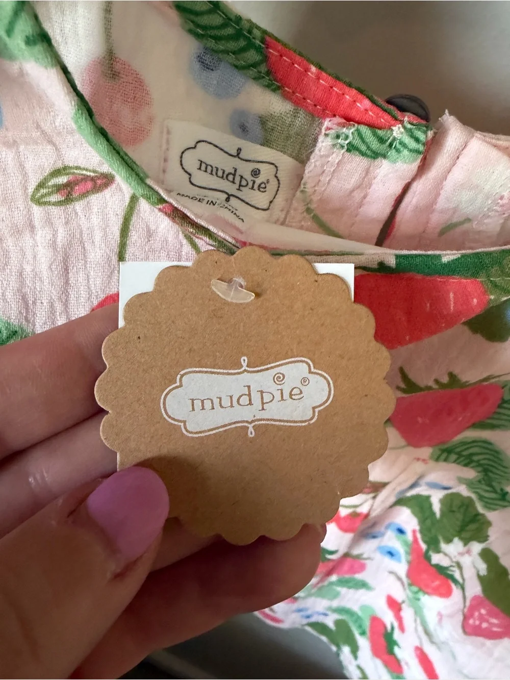 Mud Pie Girls 12-18M Pink Fruit Floral Muslin Cotton Dress Bow NWT Cold Shoulder